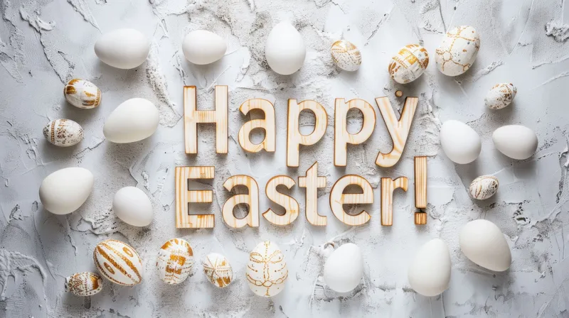 Пасхальные яйца в окружении текста Happy Easter на белом фоне