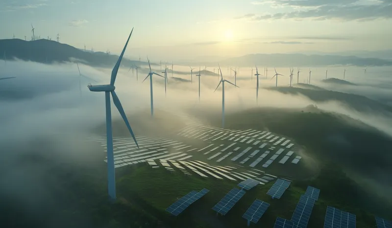 Аэрофотосъемка ветряных турбин и солнечных панелей в туманном горном массиве на восходе солнца, генерирующих возобновляемую энергию