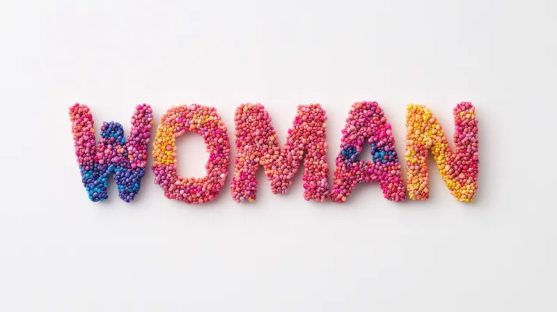 Яркие конфетные буквы, составляющие слово WOMAN, на чистом белом фоне