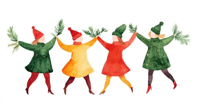Счастливые женщины, наслаждающиеся зимними праздниками, одетые в яркие цвета и держащие сосновые ветви