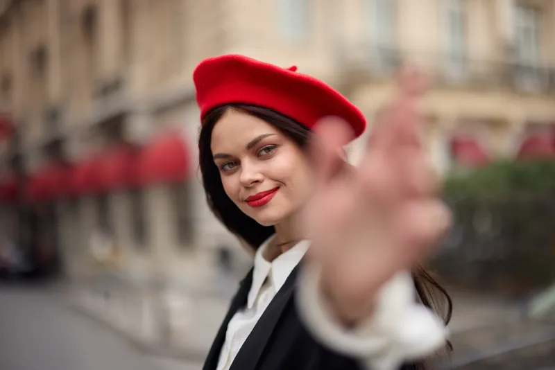 Модная женщина улыбается, показывая зубы, стоя на улице на фоне города