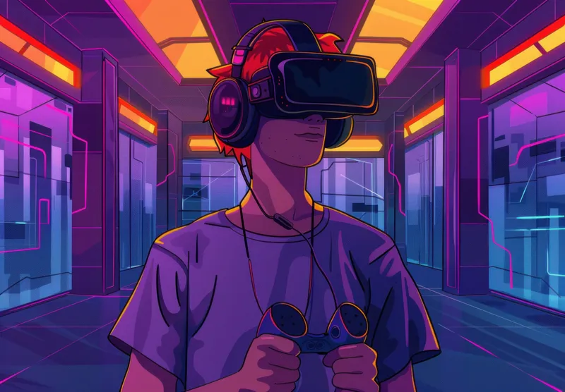 Молодой человек играет в VR-игру, надев шлем и держа контроллеры, на фоне красочного, высокотехнологичного фона