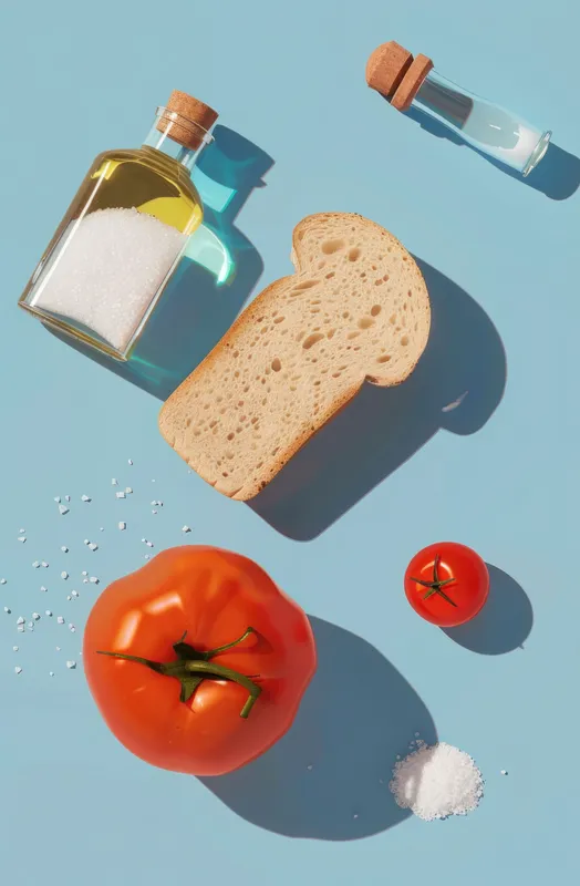 Визуально привлекательная композиция из свежих продуктов, включая масло, помидоры, хлеб и соль, на светло-голубом фоне