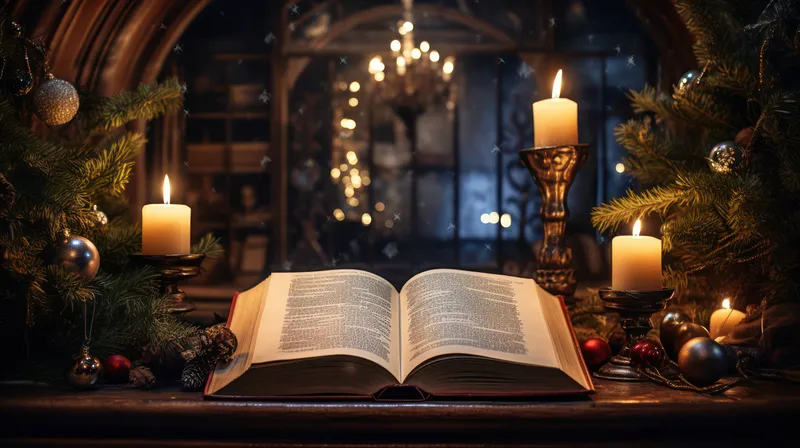 Старая Библия и свеча на деревянном столе, рядом с книгами