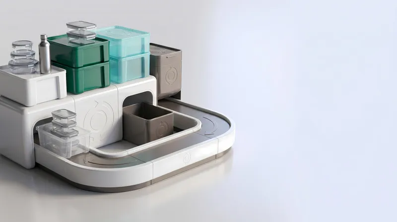 Отполированная 3D-сцена устойчивого развития с многоразовыми контейнерами, контейнерами для возврата и изогнутой конвейерной петлей слева, с чистым свободным пространством