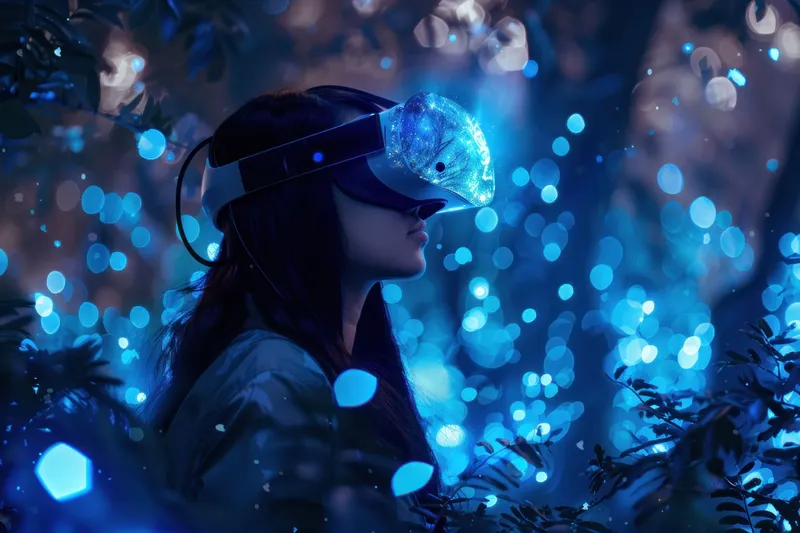 Профильный вид женщины в VR-шлеме, окруженной мерцающими голубыми сферами и листвой, создающий мистическую и захватывающую атмосферу в лесной обстановке