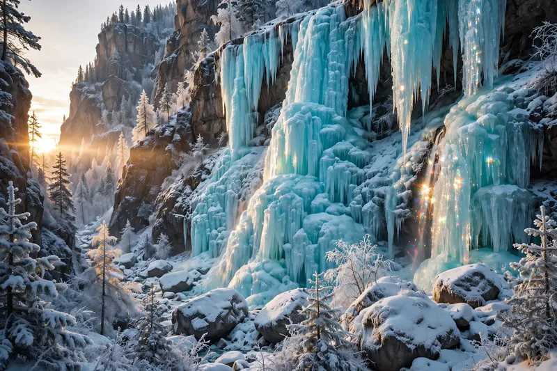 Заснеженные скалы с ледяными водопадами в лучах заката