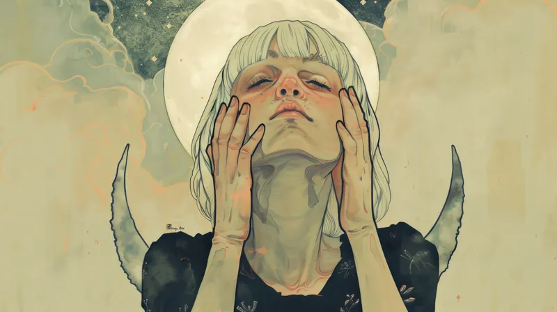 Художественное изображение женщины, соединяющейся с космосом, на мягком, приглушенном фоне с нежными цветами, подчеркивающее темы духовности и самопознания