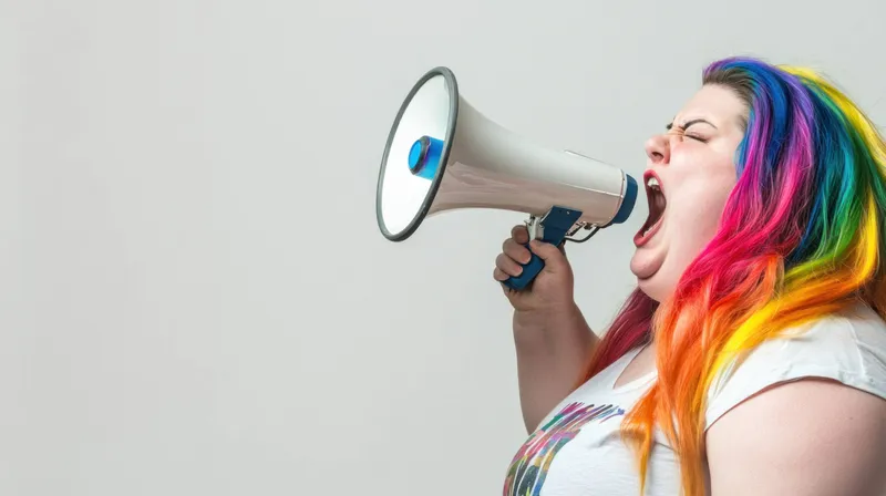 Уверенная модель с разноцветными волосами, выражающая силу и страсть с помощью мегафона, идеально подходит для передачи посланий о силе и индивидуальности