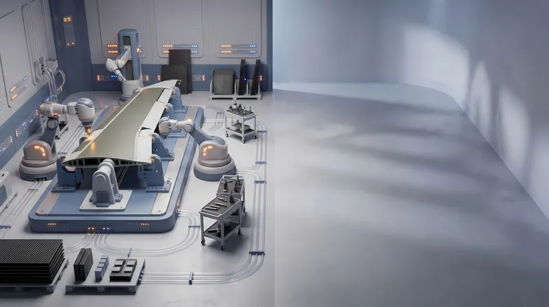 3D-сцена с мягкой матовой текстурой: изображена секция крыла самолета в автоматизированном производственном цехе