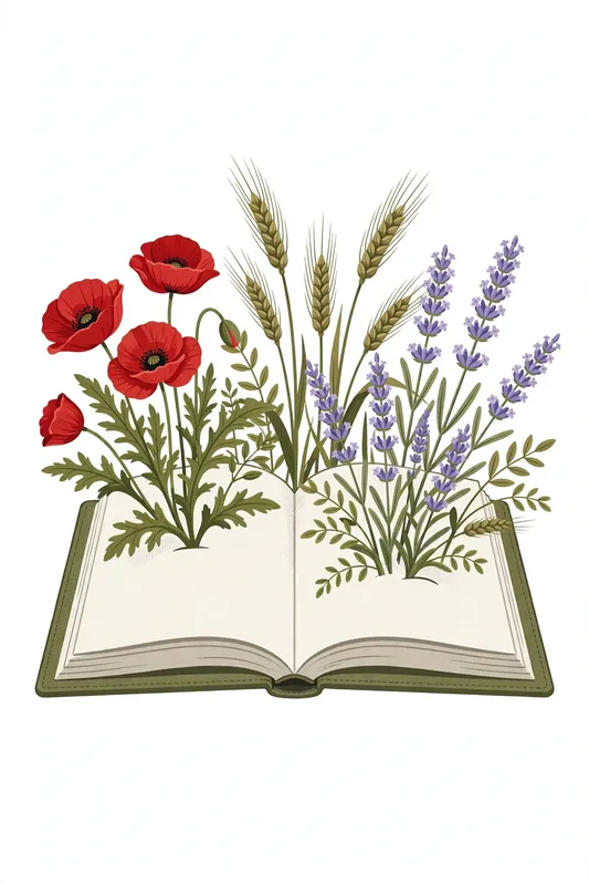 Иллюстрация с раскрытой книгой, из которой растут маки, лаванда и колосья пшеницы