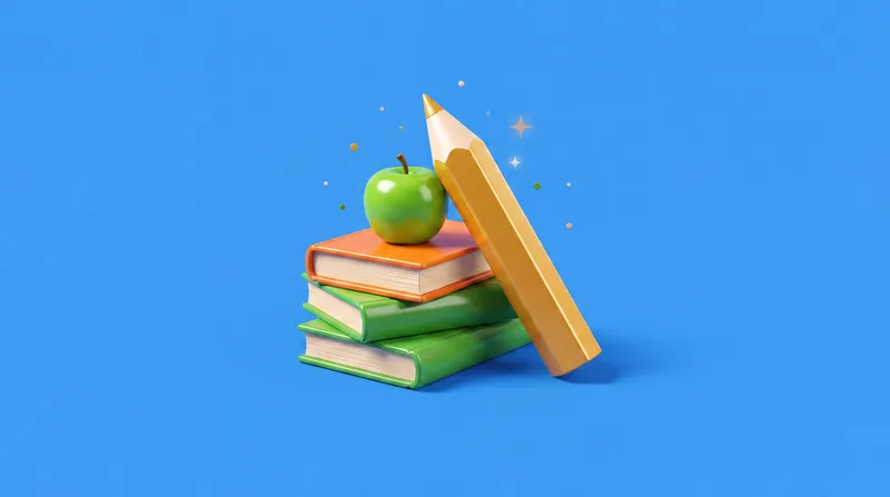 Центрированная 3D-иллюстрация книг, карандаша и яблока на ярком фоне