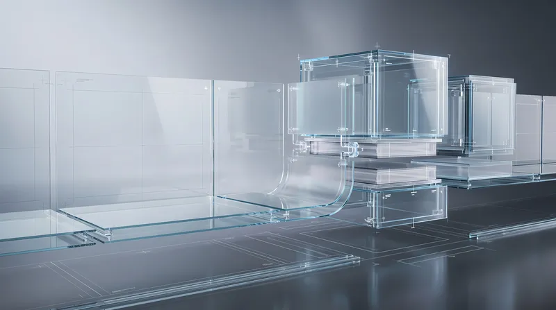 Стеклянный 3D-баннер с модульными строительными панелями, соединителями и выровненными компонентами для маркетинга сборных конструкций и инфраструктуры