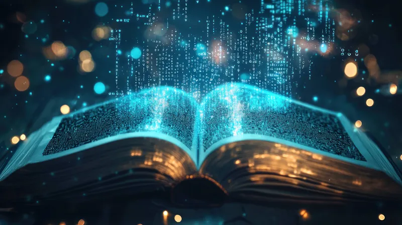 Открытая книга, излучающая светящееся цифровое свечение, олицетворяющая слияние традиционных знаний и современных технологий на фоне завораживающего боке в синих и золотых тонах, идеально подходящая…