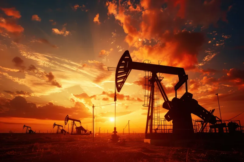 Безмятежный пейзаж с нефтяными качалками, силуэты которых выделяются на фоне красочного заката, создавая поразительный контраст