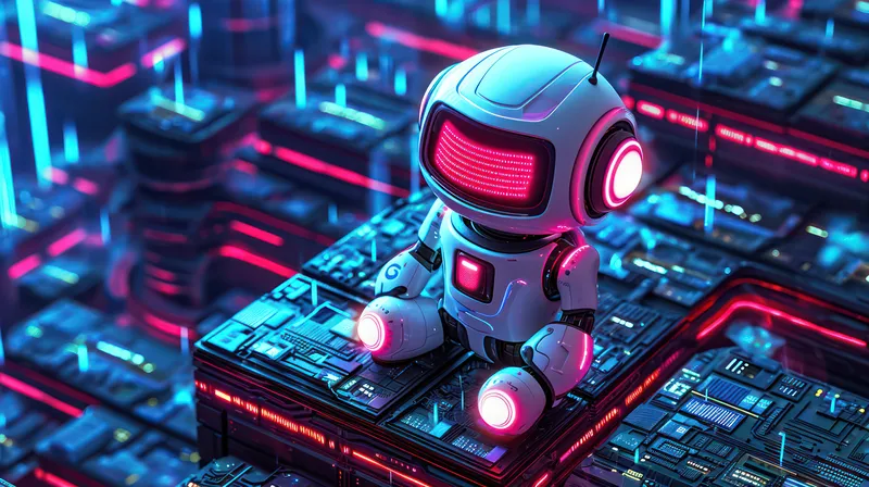 Роботизированное будущее: милая синяя игрушка-киборг болтает в ретро-винтажном пространстве с сетью трехмерных металлических рук на креативном и цифровом киберпространственном фоне