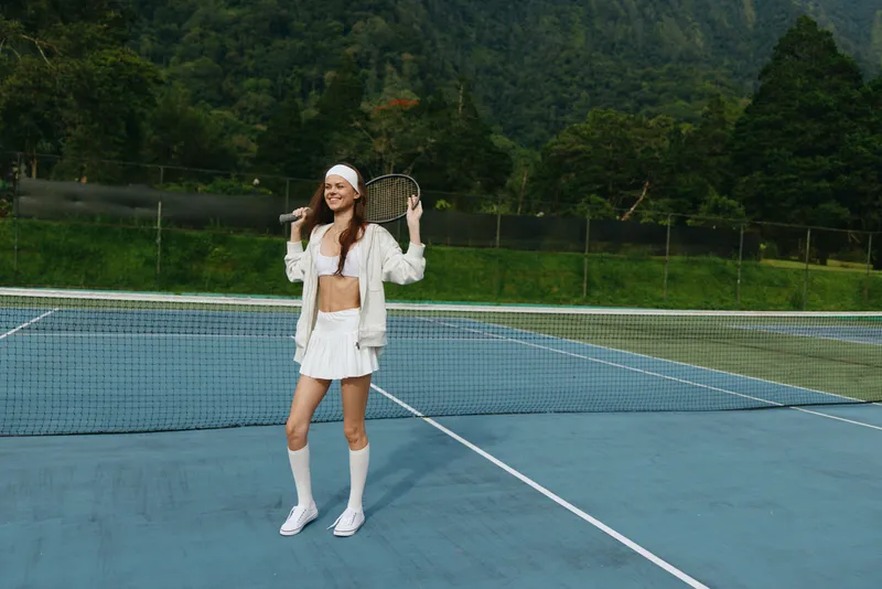 Young female tennis player in sporty white outfit, celebrating her success on the court against a lush green backdrop