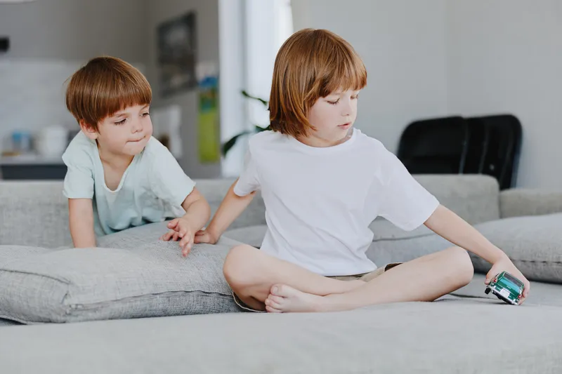 Active boys playing together on a cozy couch, one reaching for a toy car, showcasing their playful interaction and joyful atmosphere in a modern home setting.