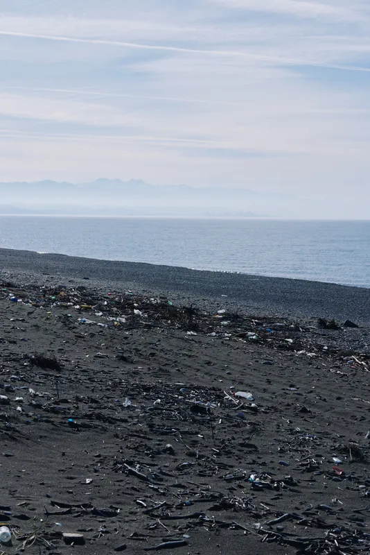 Desolate beach with litter and dark sand along the shoreline, calm sea on the horizon, hazy sky, highlighting pollution and ecological concern in a quiet seascape