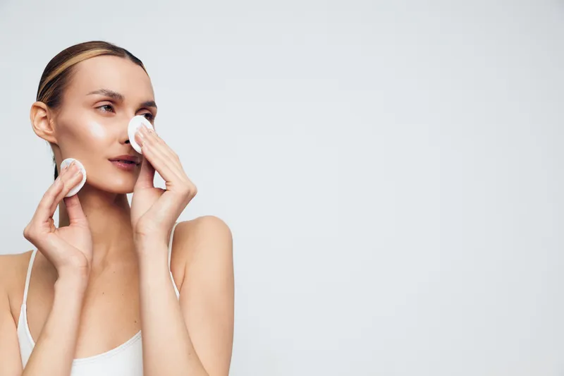 Woman skincare cream closeup in studio light, smiling woman applies white face cream with fingers, fresh hygiene routine on pale background, wellness self care