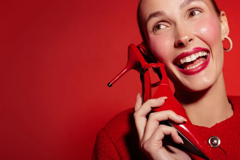 Smiling woman in red sweater holds red high heel shoe near face on red background. Concept of fashion, style, happiness, and vibrant color contrast in studio portrait.