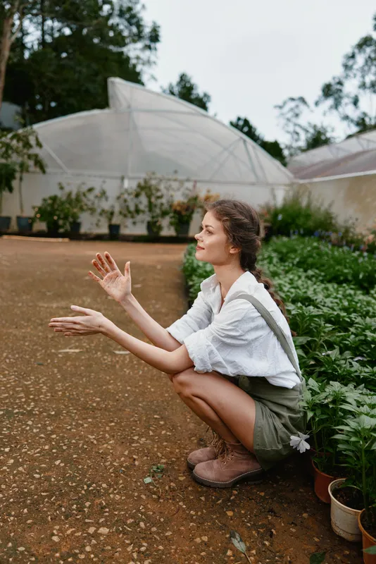 Young woman in garden, wearing casual outfit, expressing joy while gardening, surrounded by green plants and greenhouse in a natural setting