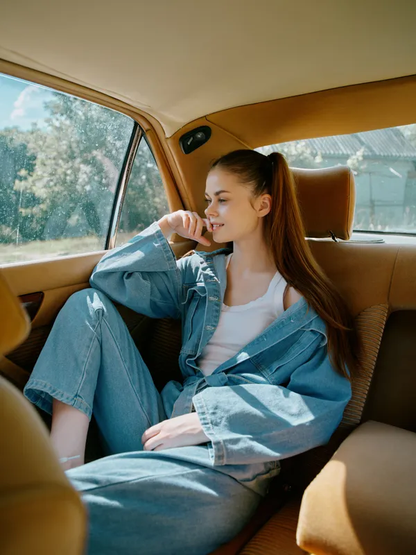 Young woman in casual denim outfit, sitting in a car, enjoying a sunny day, expressing serenity and comfort, with vibrant green background, perfect for lifestyle themes.