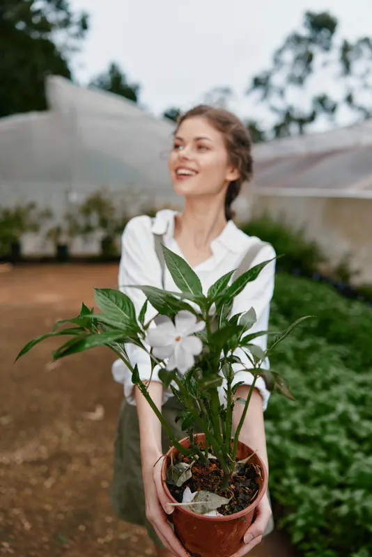 Young woman in casual attire joyfully holding a potted plant in a greenhouse, surrounded by green foliage and natural light, symbolizing growth and nature