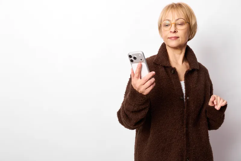 Elderly woman holding smartphone in a winter coat, portrait with eyes closed, relaxing moment as if listening to music, indoor lifestyle concept, soft studio lighting, on white background