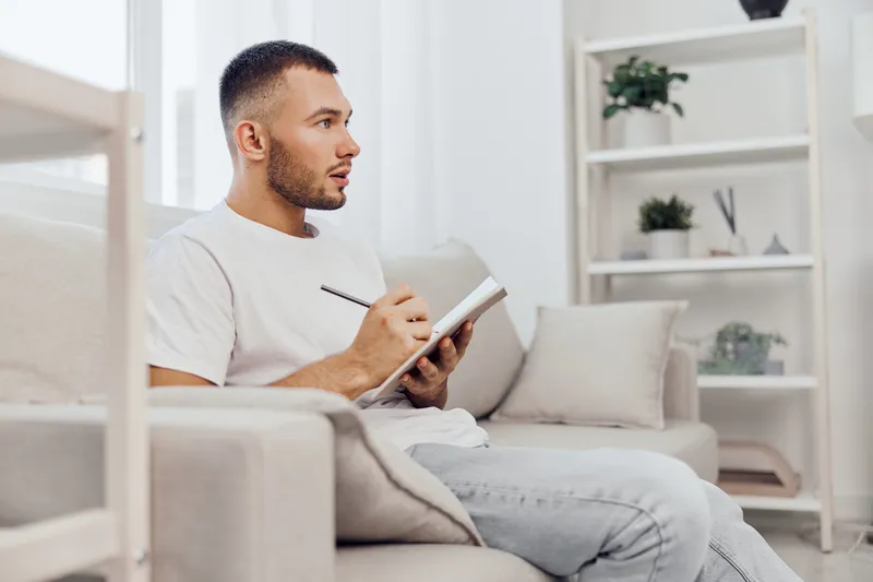 Thoughtful man sketching ideas in a notebook at home, surrounded by cozy decor and natural light, radiating creativity and inspiration in a modern living space.