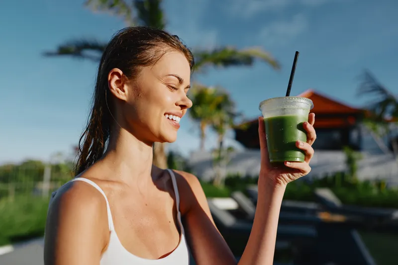 Cheerful woman outdoors, smiling while holding a green smoothie, sunlit moment, relaxed posture, soft breeze, natural colors, garden backdrop, healthy lifestyle vibe, and vitality.