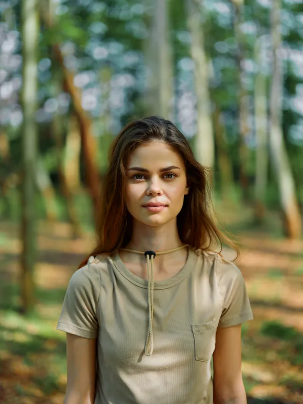 Woman portrait in forest nature outdoors standing center, young adult with neutral expression wearing casual t-shirt and choker, soft natural light and shallow depth of field.