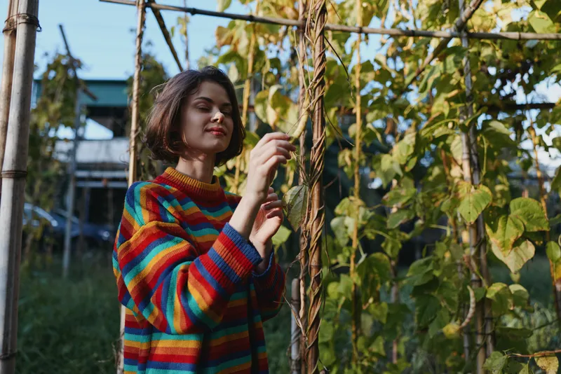 Young adult woman in a colorful striped sweater smiling and touching climbing vines in an urban garden, casual outfit, short hair, relaxed lifestyle portrait during autumn light.