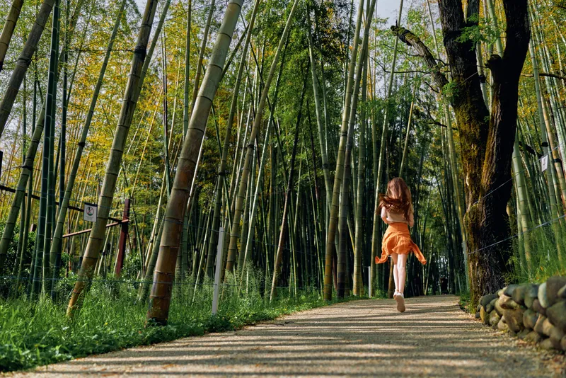 Woman running on a sunlit path through a dense bamboo forest, wearing an orange dress, back to camera, capturing motion and summer nature vibes on a scenic trail.