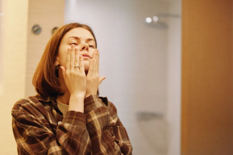 Woman in a plaid shirt applies skincare at a bathroom mirror, hands on cheeks in a calm moment of self care and daily facial routine. soft lighting.