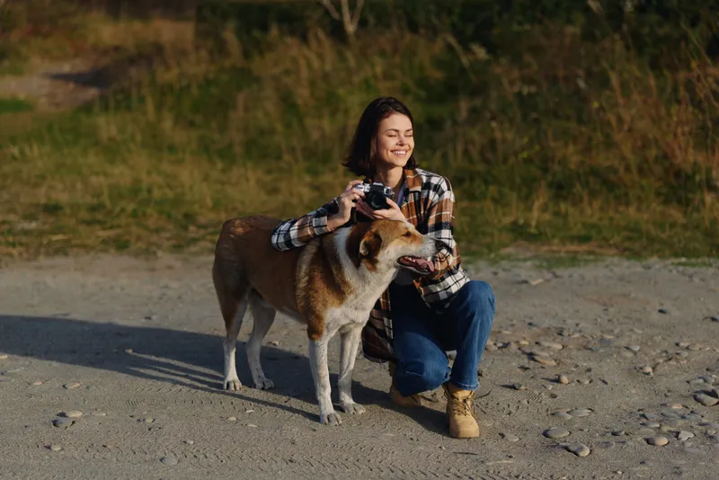 Woman crouches on a rocky beach with a camera, photographing a happy dog beside her as the sun lowers near grassy dunes.