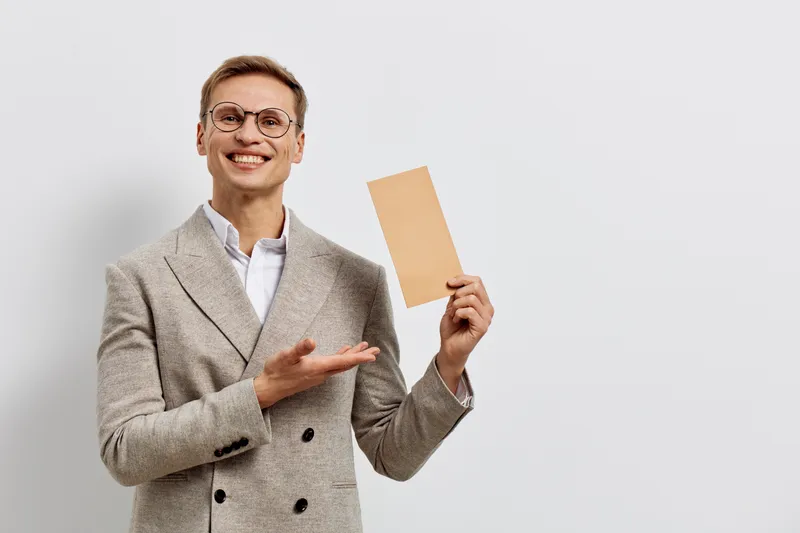 Smiling caucasian man holding paper card wear glasses beige blazer pointing isolated on white background remote work digital nomad concept