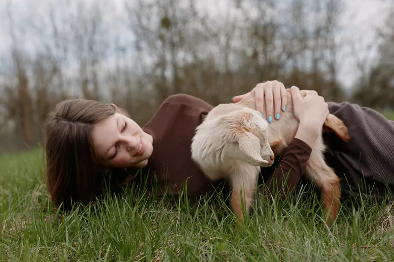 A woman lies on green grass outdoors, gently stroking a young goat kid. The scene captures affection, bonding, and calm countryside moments in a lifestyle setting.