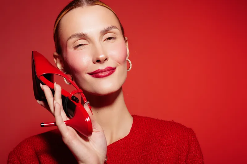 Smiling woman in red sweater holds red high heel shoe near face on red background. Concept of fashion, style, elegance, and confident female model with bright makeup and accessories.
