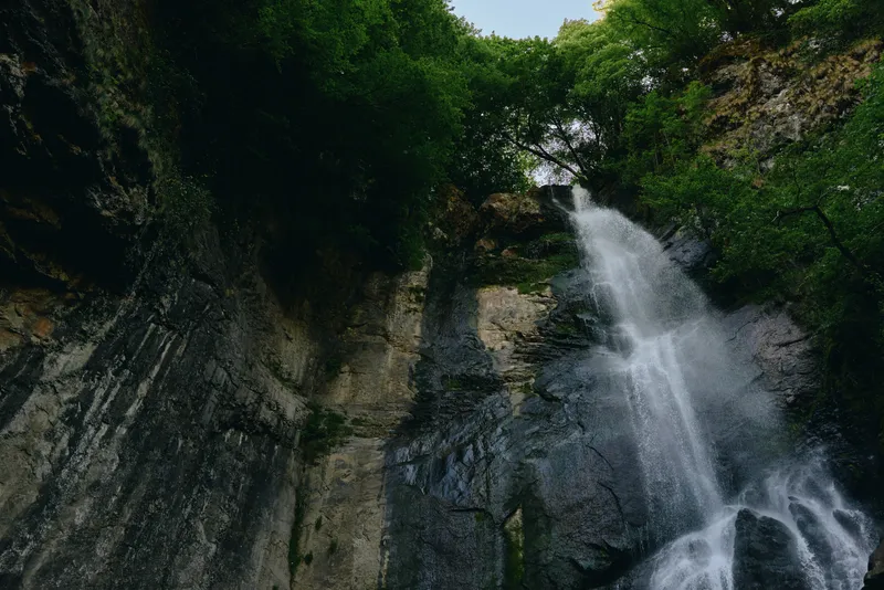 Scenic waterfall cascading down rocky cliffs surrounded by lush green forest under cloudy sky, capturing natural beauty and serene atmosphere in the outdoors.