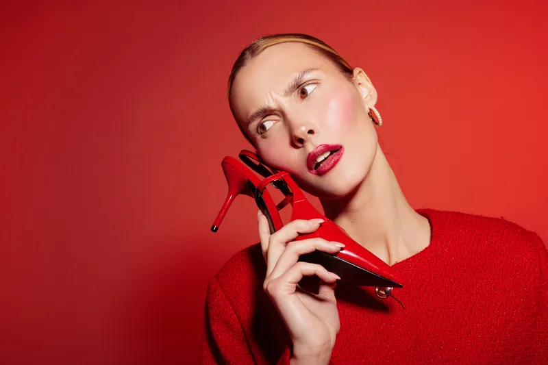 Young woman in red sweater holds red high heel shoe near face, looking away with thoughtful expression. Bright red background creates bold and stylish fashion concept.