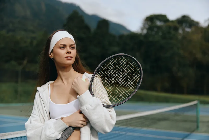 Confident young athlete with a tennis racquet, wearing sporty attire, set against a serene outdoor court background, conveying strength and determination in a vibrant setting
