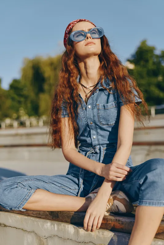 Lifestyle woman in modern boho-western denim street style wearing blue oversized sunglasses and a red headband, captured in warm film color outdoors on a sunny day.
