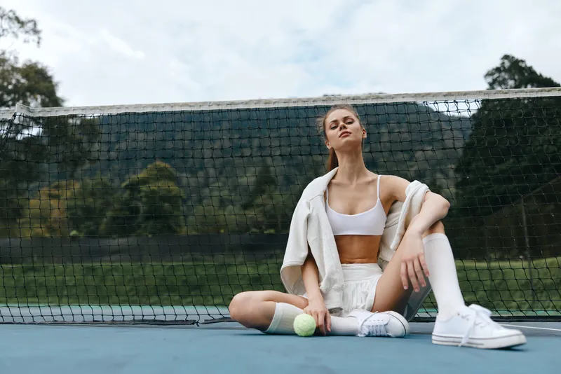 Young athletic woman relaxing on a tennis court, wearing stylish sportswear and knee high socks, showing confidence and leisure on a sunny day