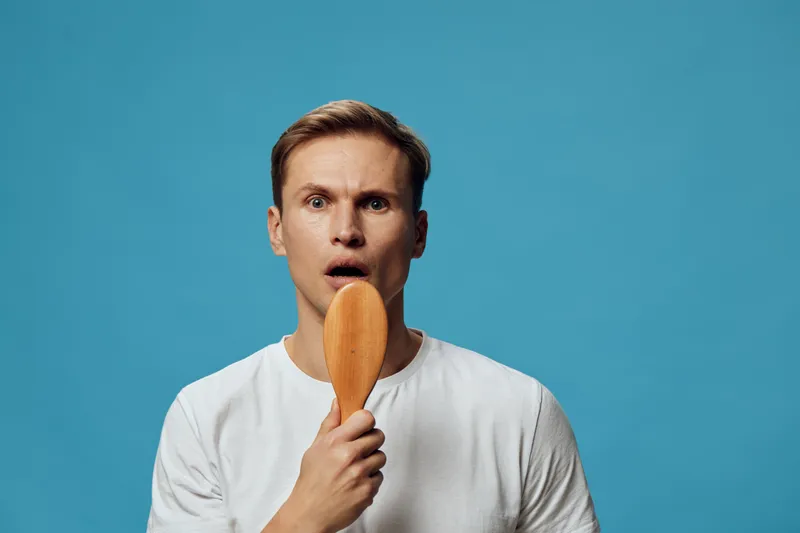 Man in white t-shirt holding wooden hairbrush looking surprised isolated on blue background studio portrait. People lifestyle concept
