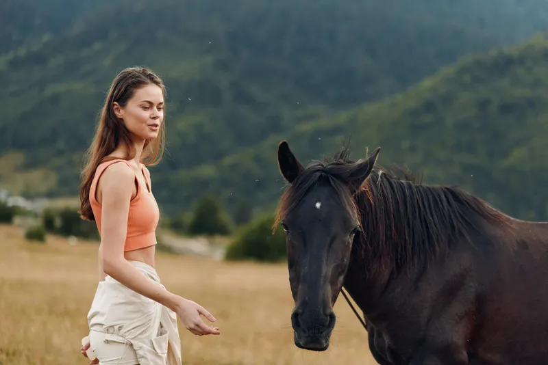 A young woman stands beside a dark horse in an open field with distant mountains. She wears an orange crop top and light shorts, calmly observing the animal.