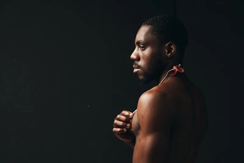 Creative visual designer style portrait of dark skinned African American man with flower on shoulder, side view, studio lighting and black background for artistic concept.
