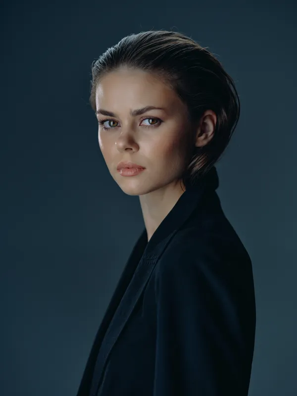 Serious woman in black jacket portrait with intense look and clean makeup, studio background, moody lighting