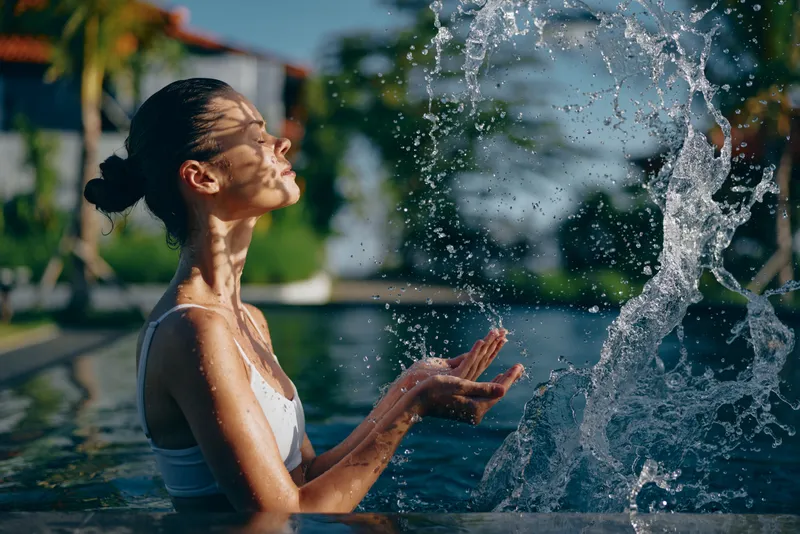 Young woman with brunette hair in a white swimsuit enjoys splashing water in a sunny outdoor pool, expressing relaxation and happiness on a warm summer day.