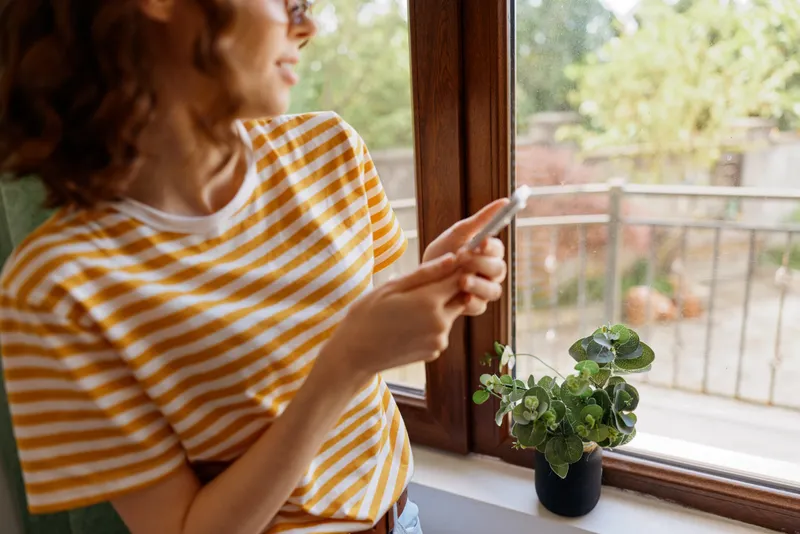 A young brunette woman in a striped tee stands by a sunlit window, glancing at her phone with a small plant on the sill and a calm, casual mood nearby.